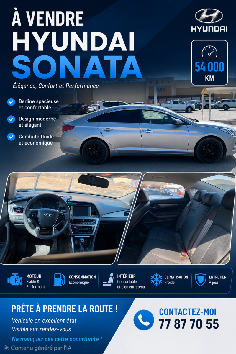 Hyundai Sonata 2016, diesel, intérieur spacieux et bien entretenu
