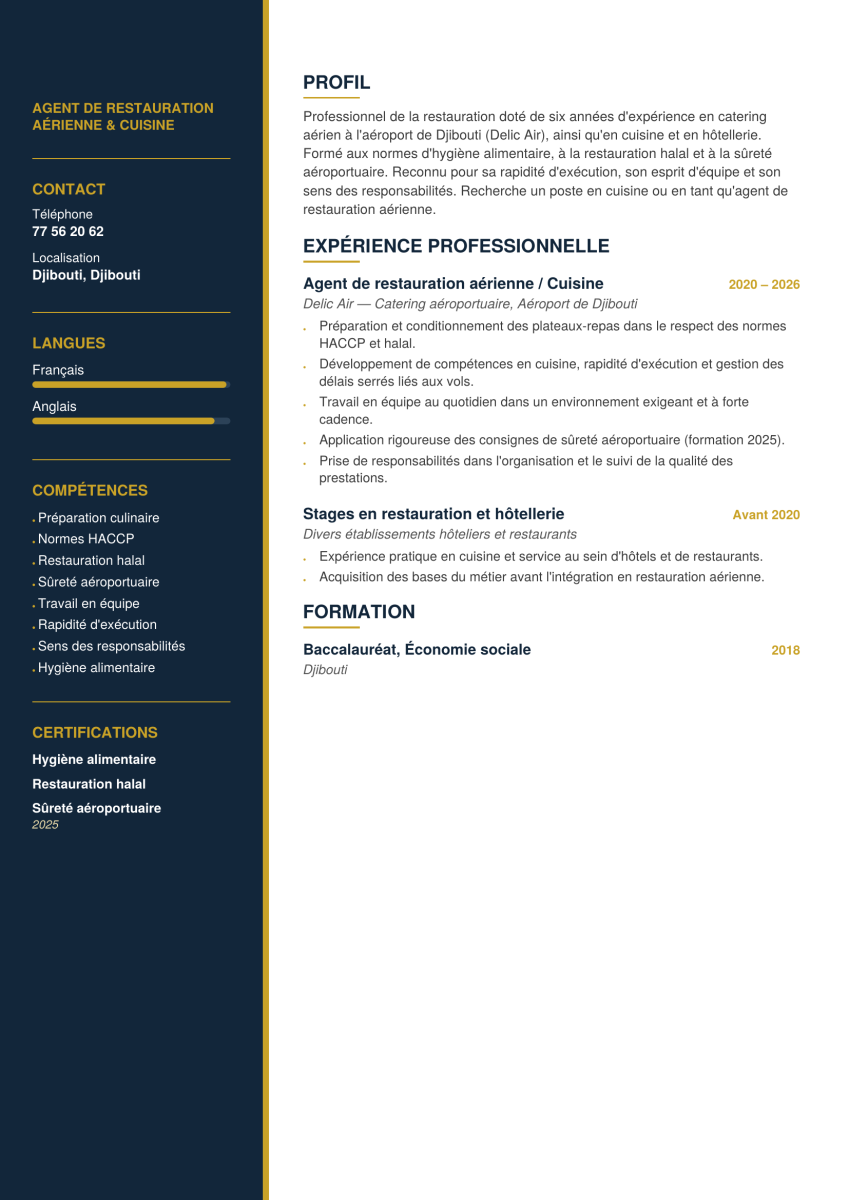 Cuisinier expérimenté en catering aérien, disponible immédiatement