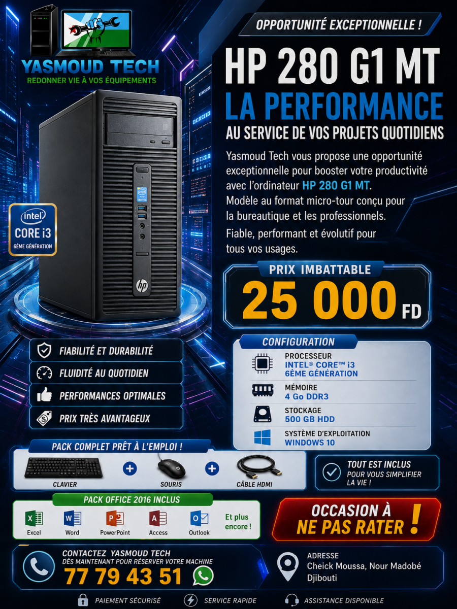 Ordinateur HP 280 G1 MT i3 6e gen avec pack Office complet