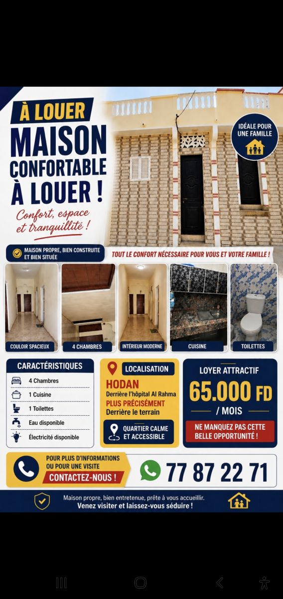 Maison 4 chambres avec cuisine à la cité Hodan près hôpital Al Rahma