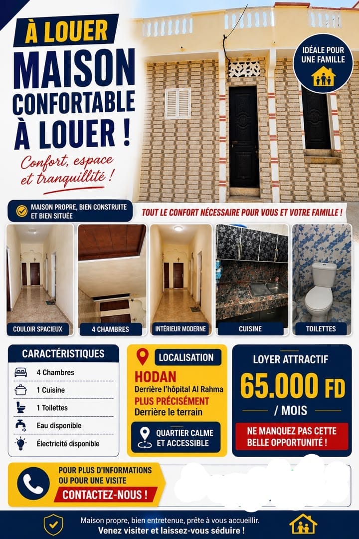 Maison à louer à Cité Hodan proche Al Rahma