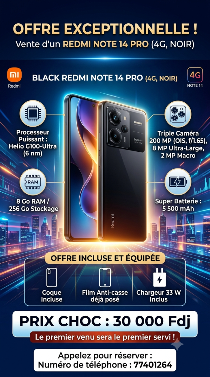 Redmi Note 14 Pro 4G 8+256 Go, batterie 5500 mAh