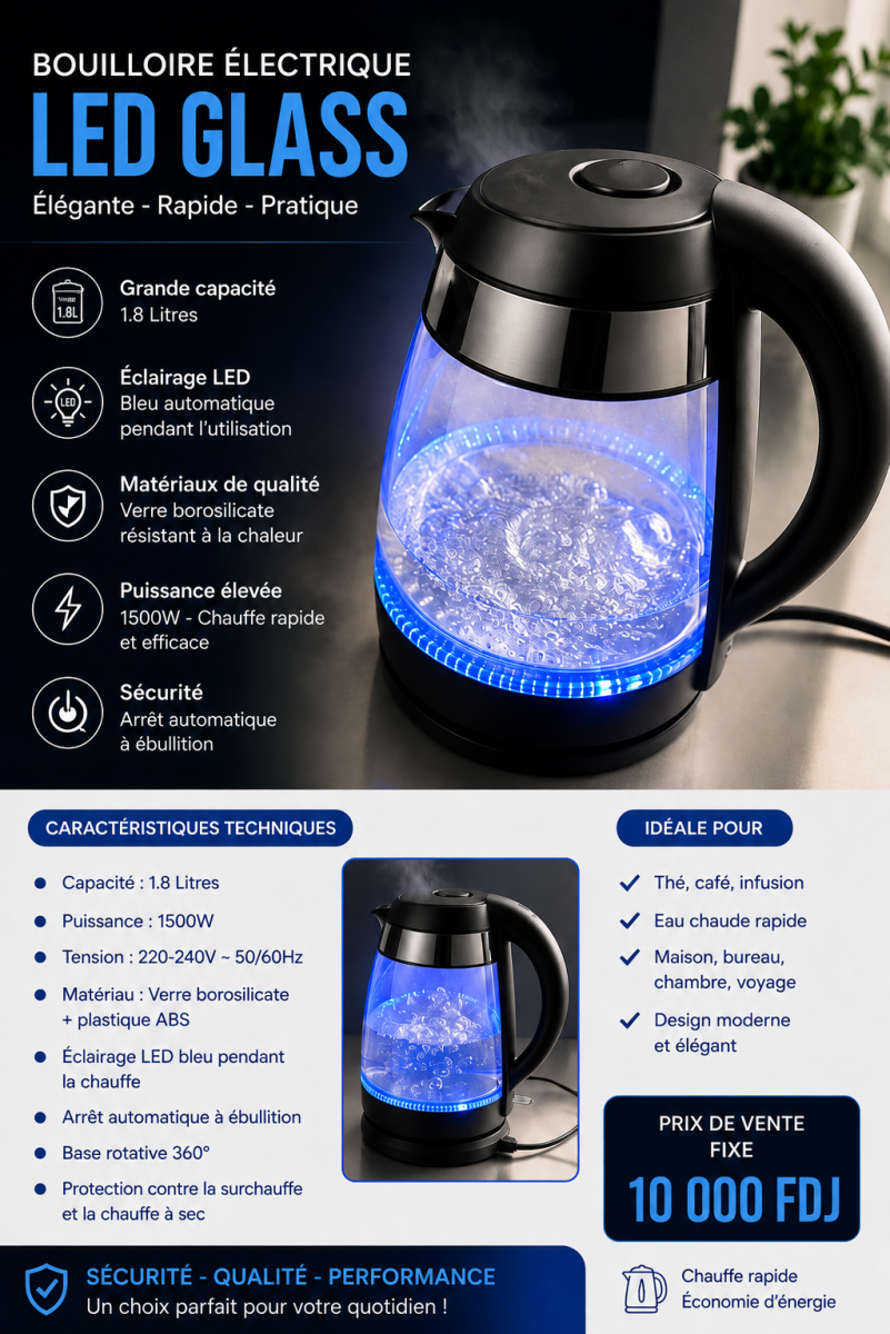 Bouilloire électrique moderne avec éclairage LED bleu