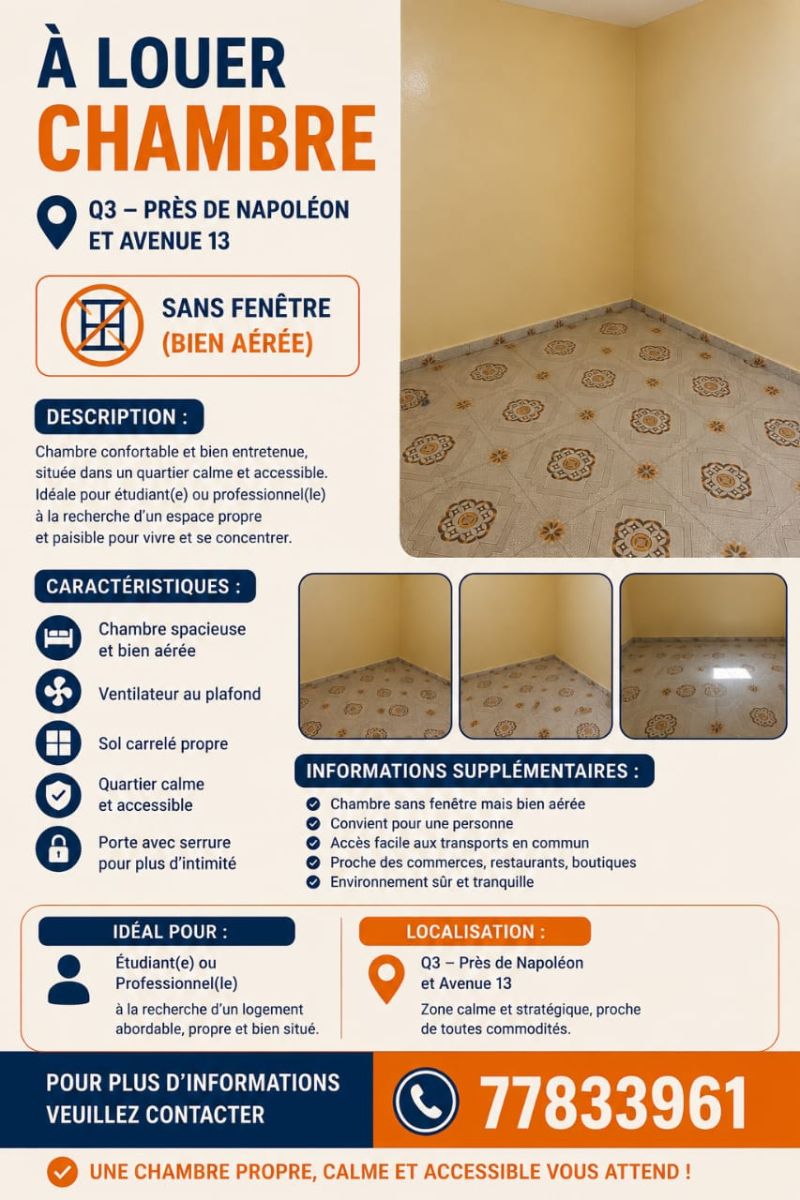 Chambre à louer quartier Q3, calme et sécurisée