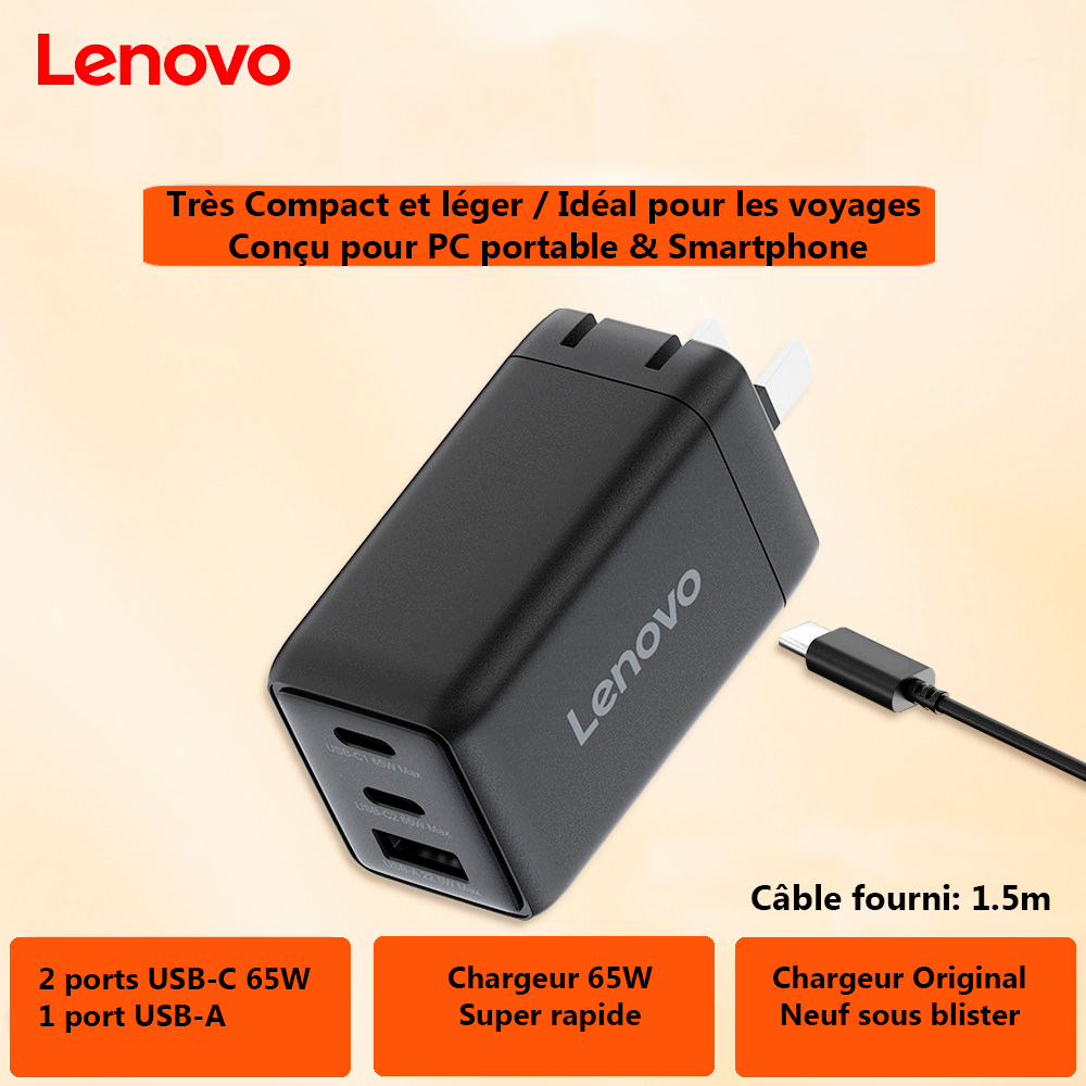 Chargeur Lenovo 65W neuf, compact et rapide
