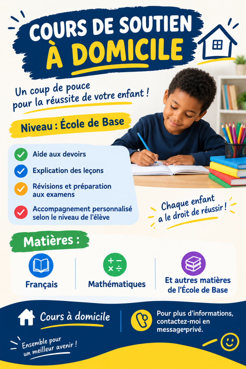 Cours de soutien scolaire à domicile pour élèves de l\'école de base