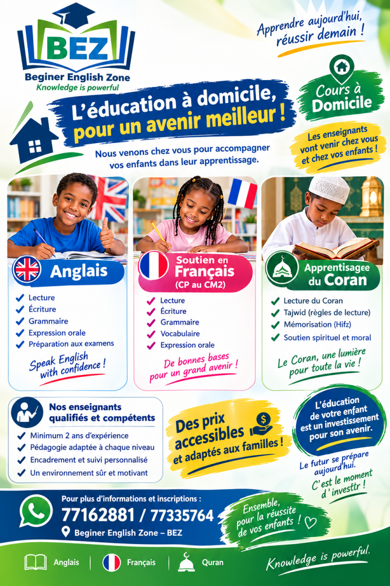 Cours à domicile en anglais, français et Coran avec BEZ