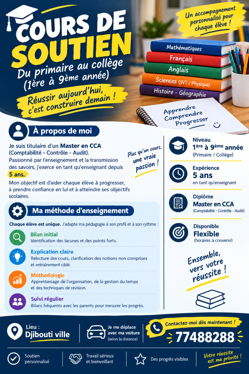 Cours particuliers soutien scolaire primaire et collège avec professeur expérimenté