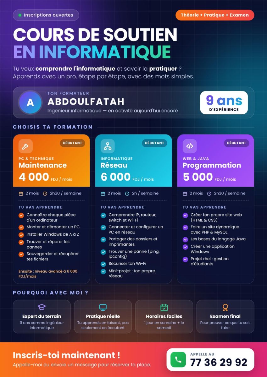 Formation informatique pratique en maintenance, réseau et programmation