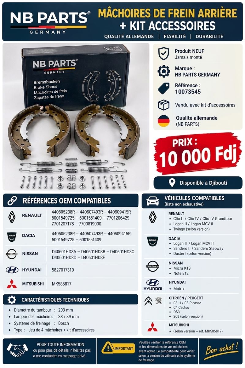 Mâchoires de frein arrière neuves avec kit accessoires NB Parts Germany