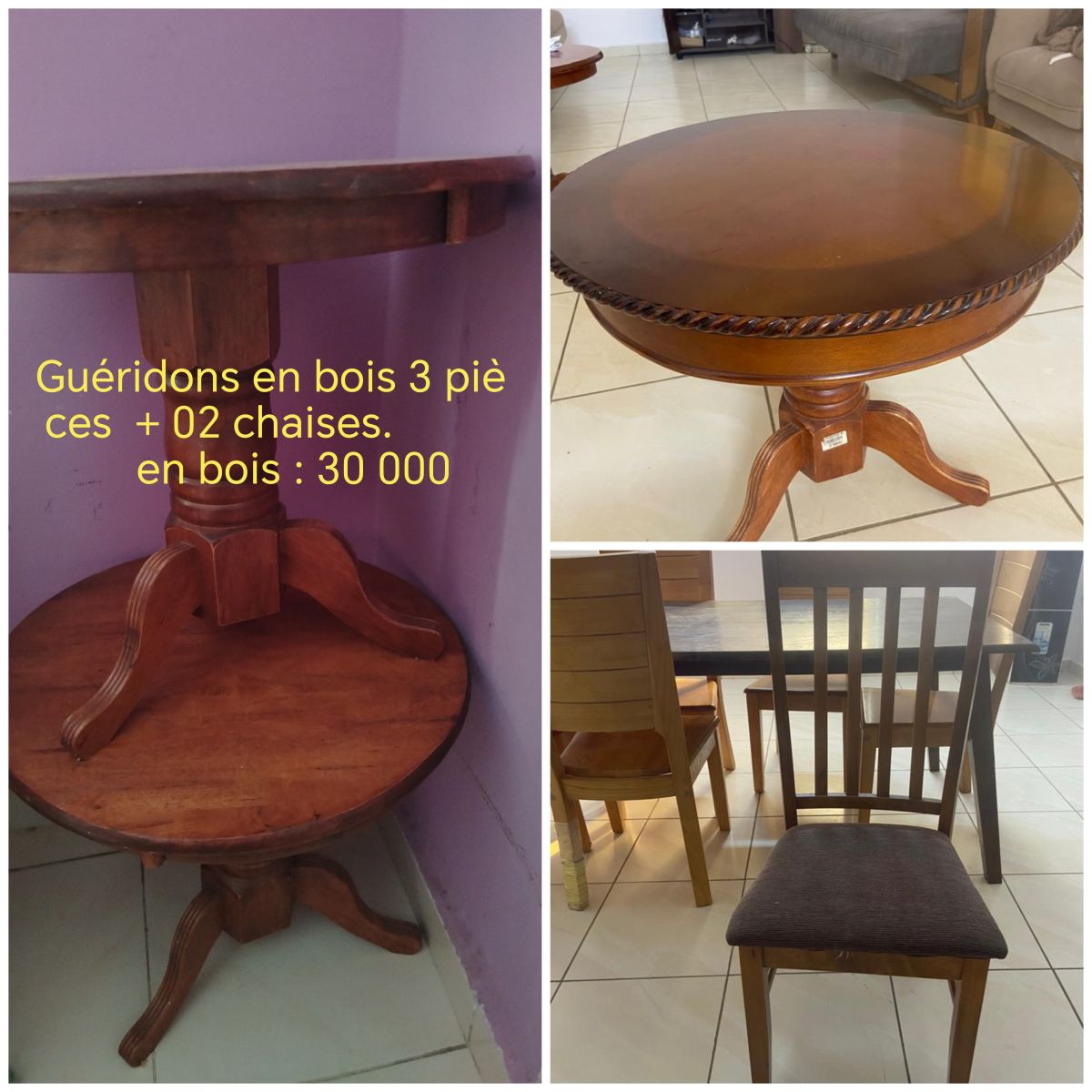 Lot de 3 guéridons en bois en très bon état avec 2 chaises bois