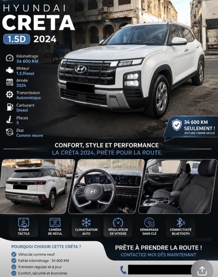 Hyundai Creta 1.5 Diesel 2024, automatique, impeccable état