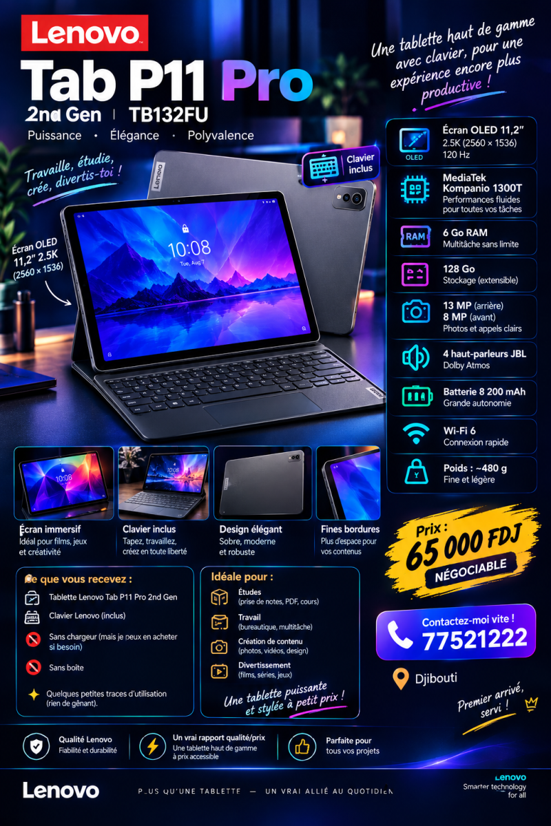 Tablette Lenovo Tab P11 Pro 2nd Gen 6Go/128Go avec clavier