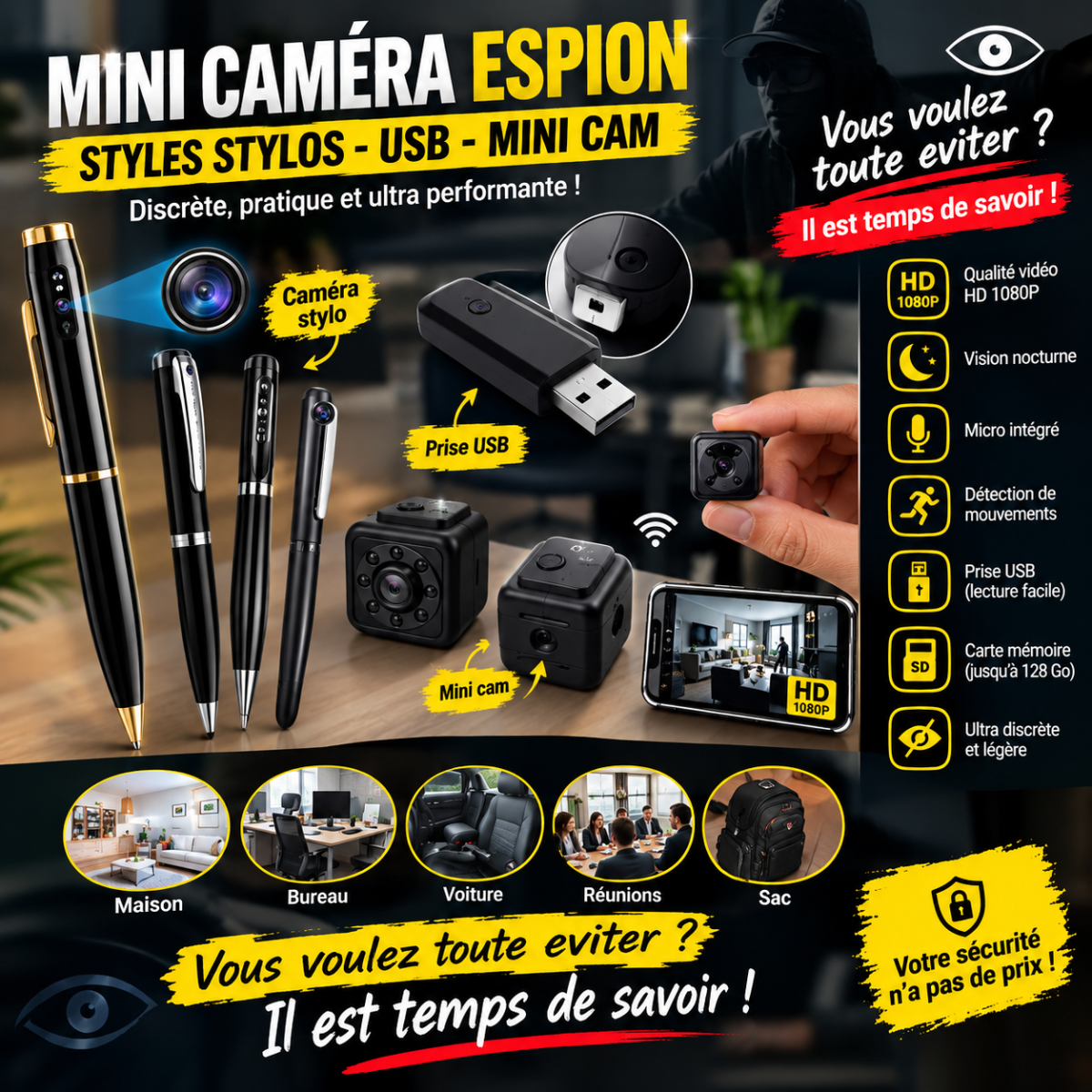 Mini caméra espion compacte HD pour sécurité discrète