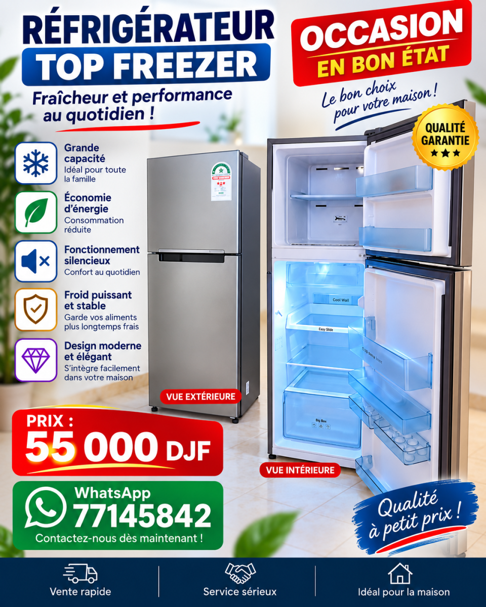 Réfrigérateur top freezer grande capacité en bon état