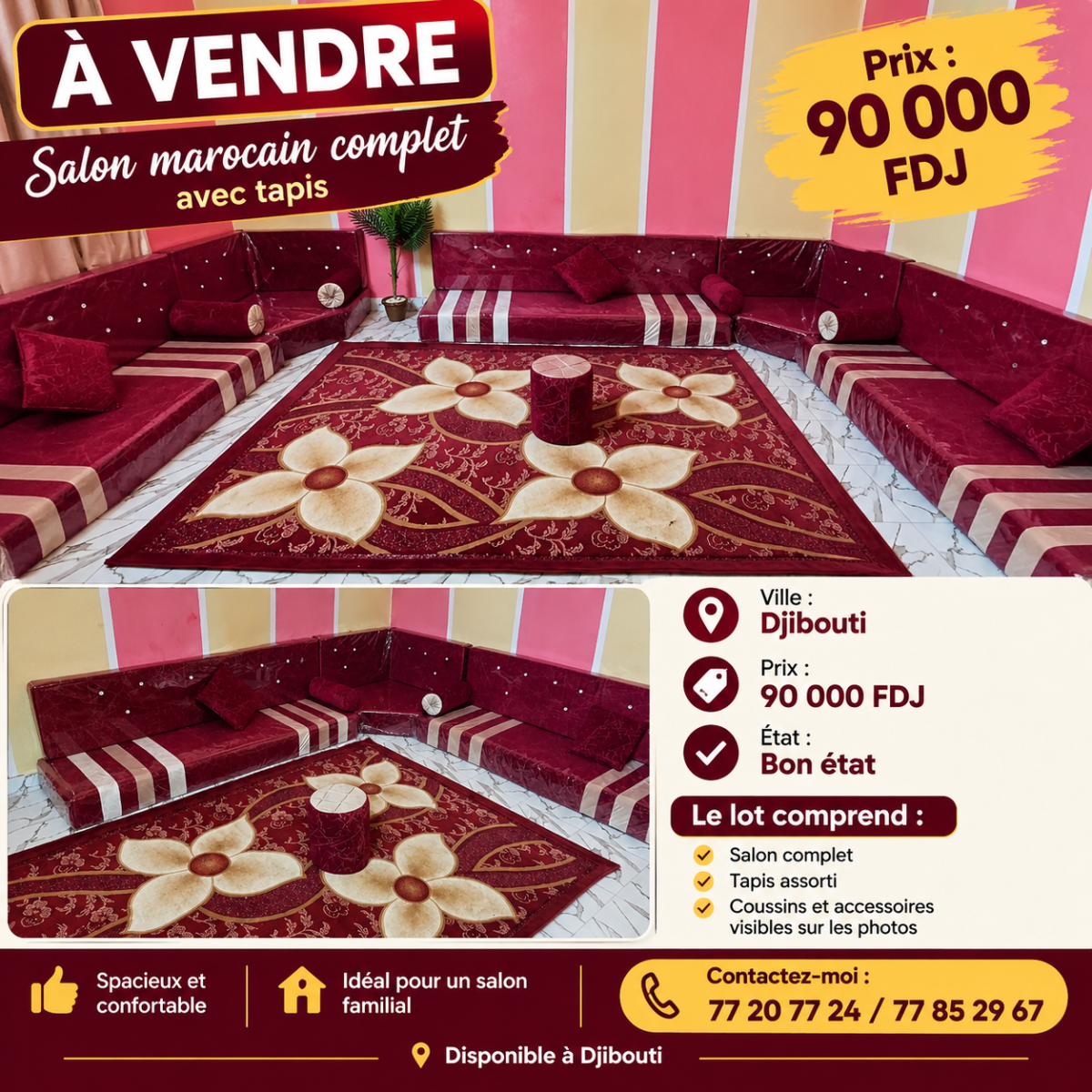 Salon marocain complet élégant avec tapis assorti rouge bordeaux