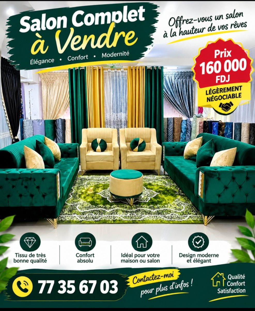 Salon complet design moderne vert et doré confortable