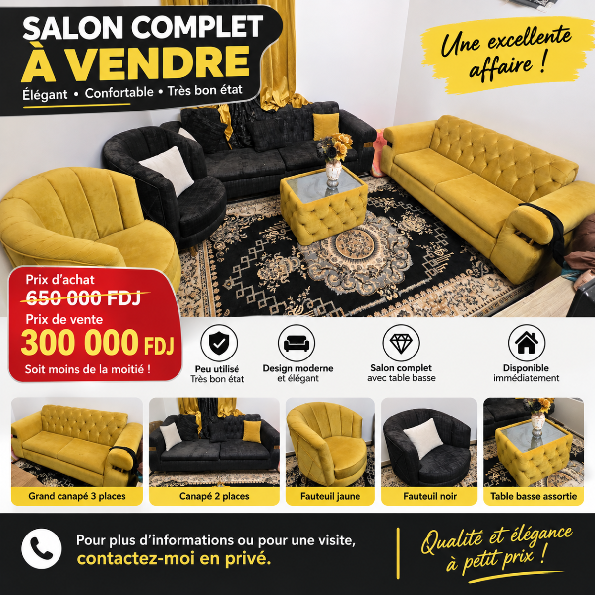 Salon complet noir et jaune moutarde en très bon état