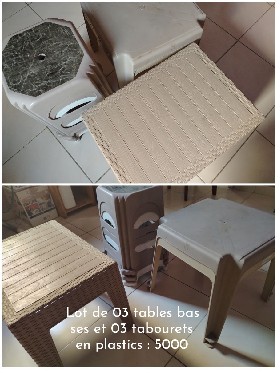 Lot 3 tables basses et 3 tabourets en plastique pratique