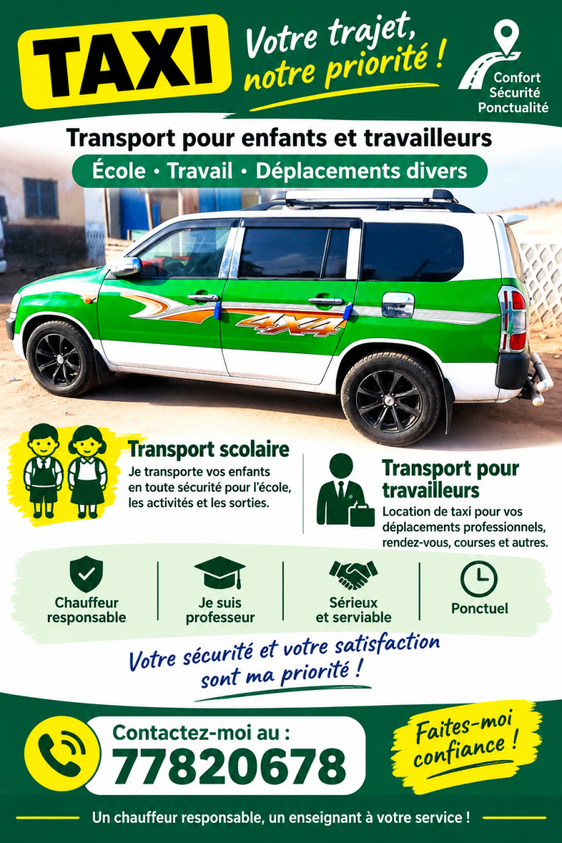 Service de taxi responsable pour transport scolaire et professionnel