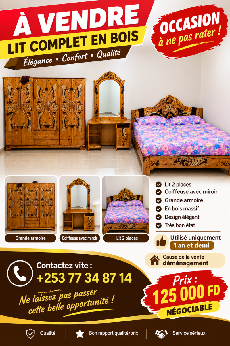 Lit complet en bois 2 places avec armoire et coiffeuse