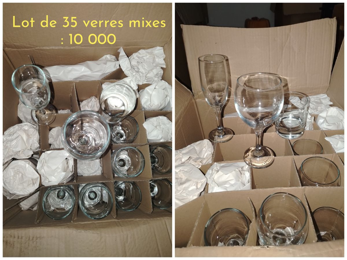 Lot de 35 verres variés pour eau, vin, whisky et champagne