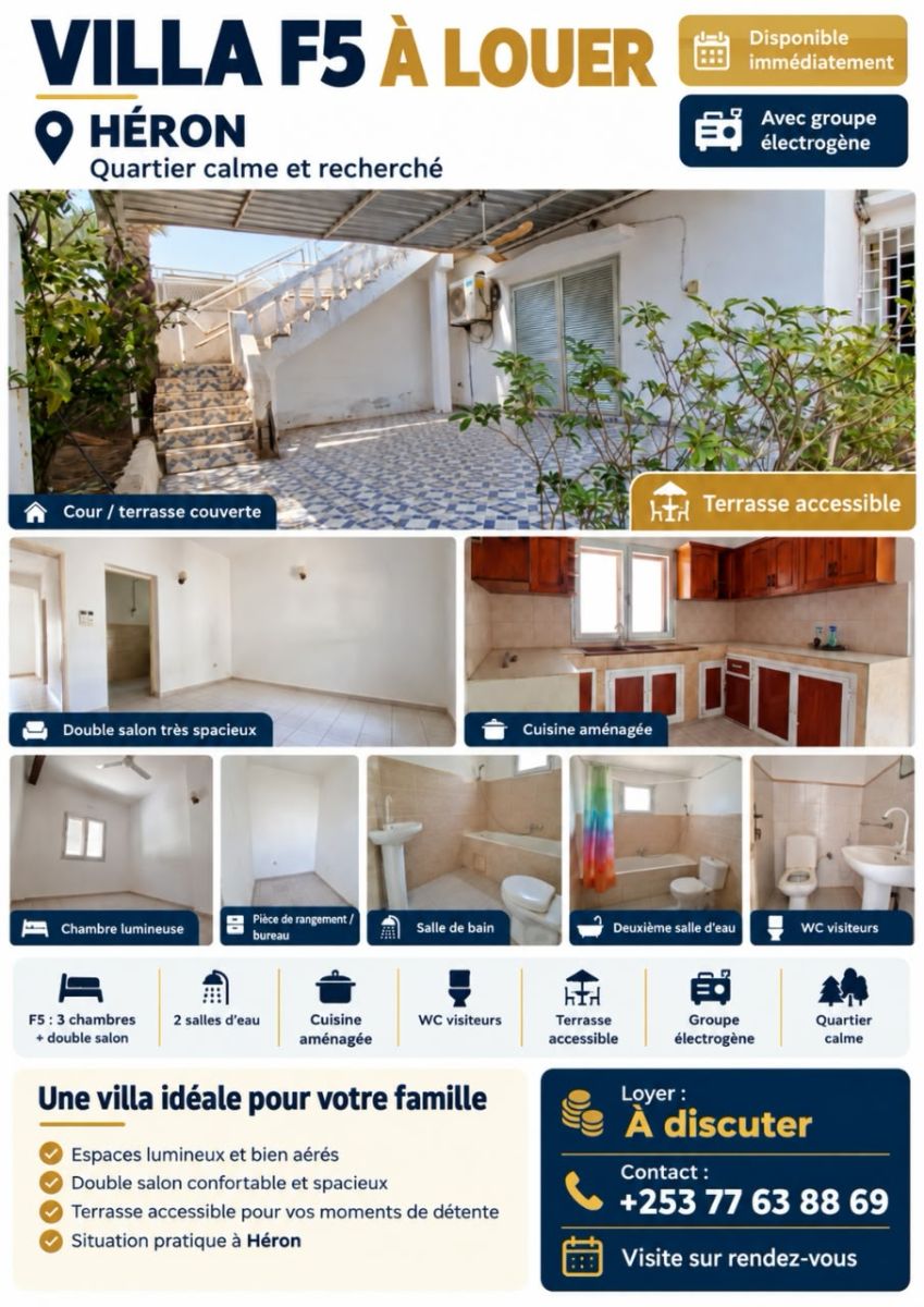 Villa F5 spacieuse avec terrasse et groupe électrogène Héron