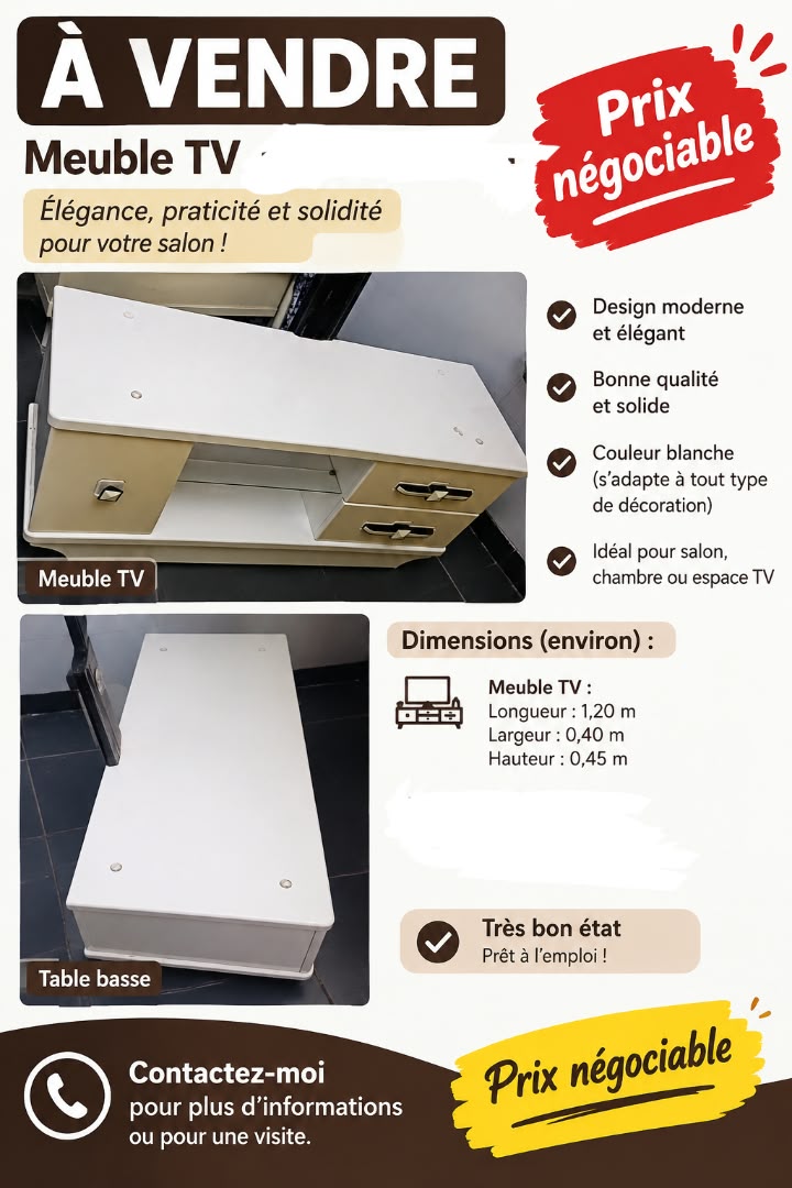 Salon d\'angle bleu et beige avec table de télévision blanche