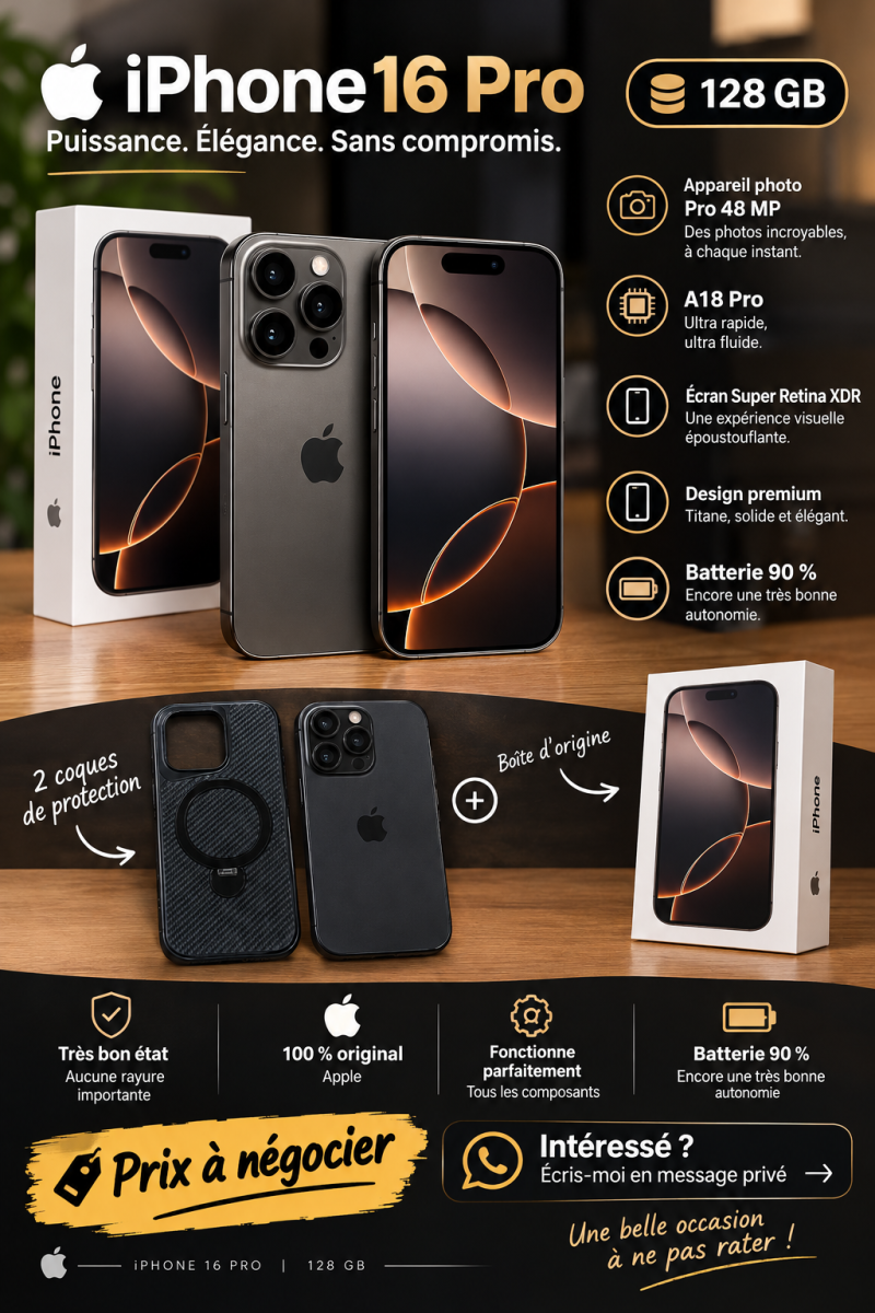 iPhone 16 Pro 128 Go en très bon état avec accessoires