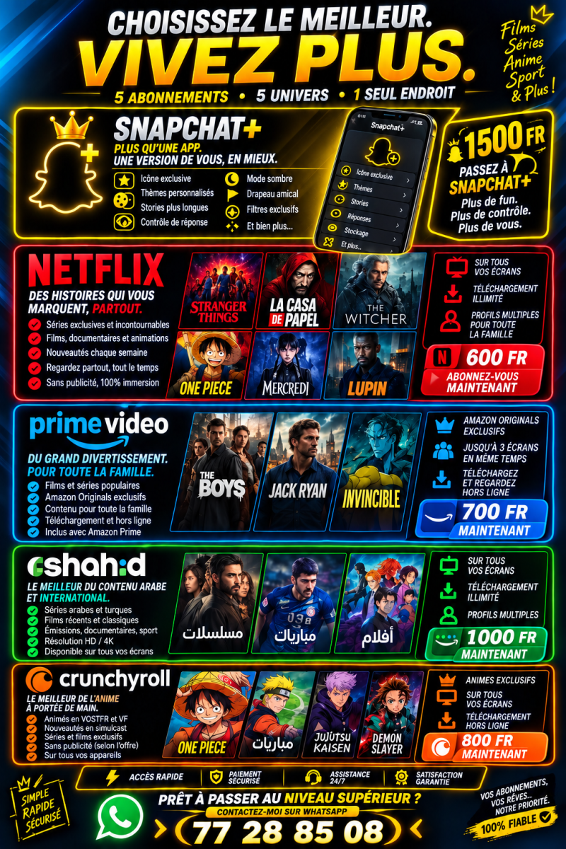 Abonnements streaming Netflix, Prime Video, Crunchyroll à Djibouti