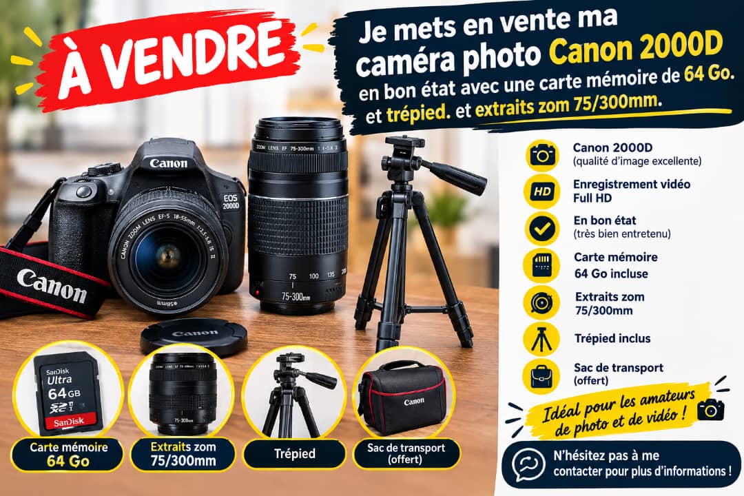 Canon 2000D avec flash et accessoires complets, 1 an d\'utilisation