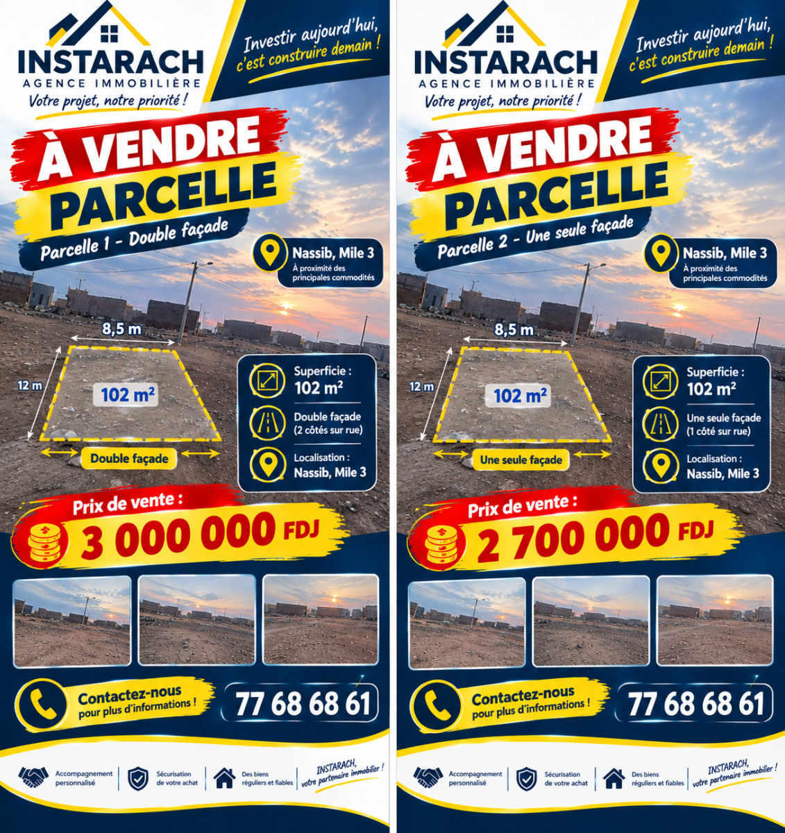 Deux terrains à Nassib Maille 3, une parcelle a 102m2 à double façade et une autre 102m2 à une seule façade
