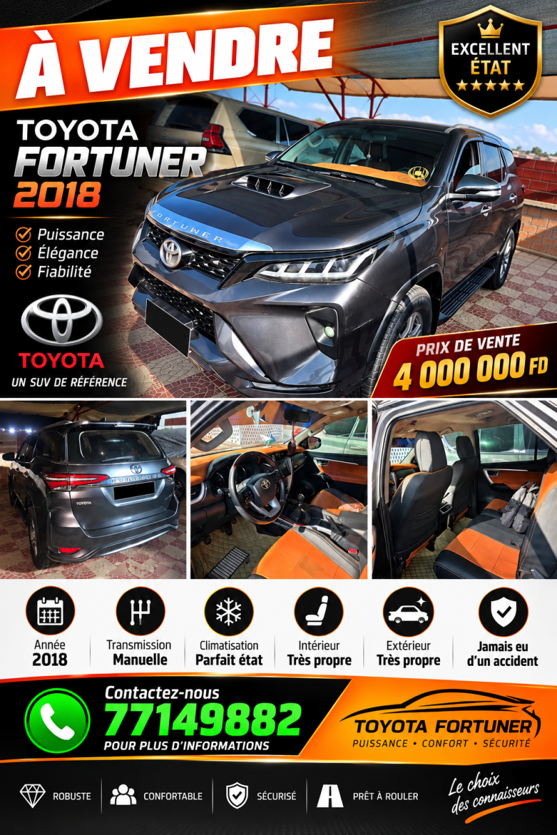 Toyota Fortuner 2018, diesel, transmission manuelle, excellent état