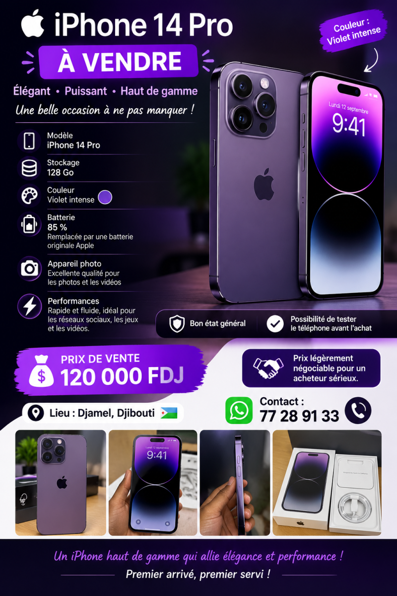 iPhone 14 Pro violet en très bon état