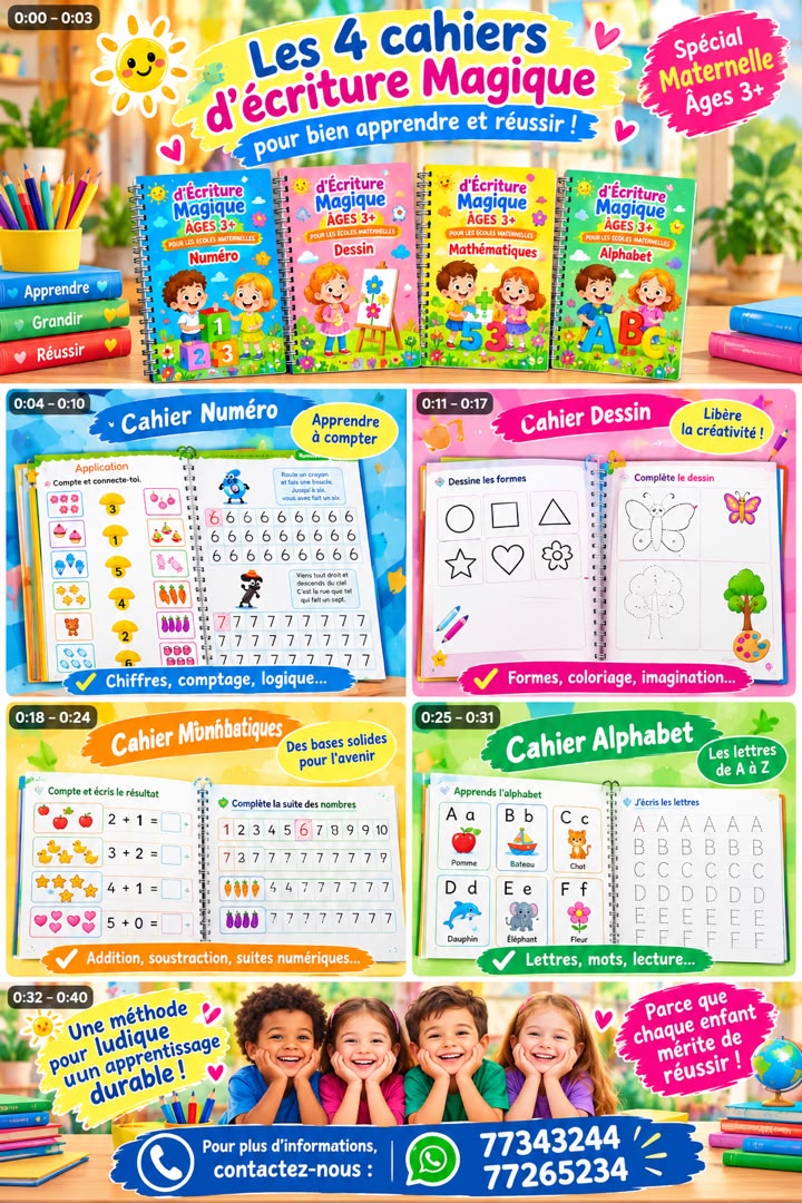 Pack 4 cahiers magiques éducatifs avec stylo effaceur pour enfants