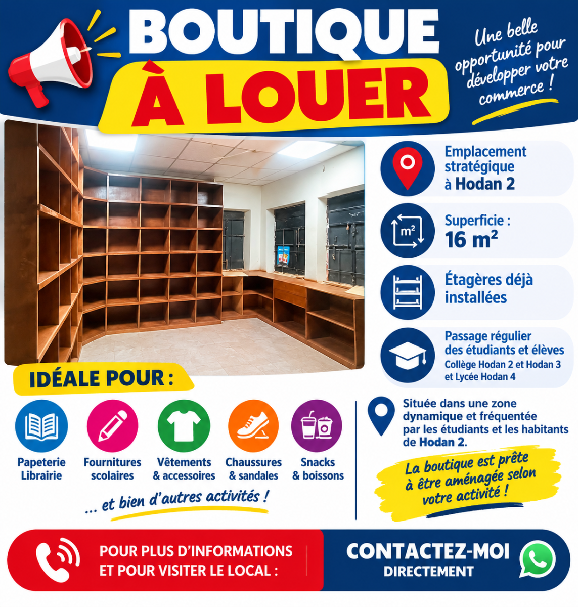 Local commercial 16 m² proche collèges et lycée Hodan