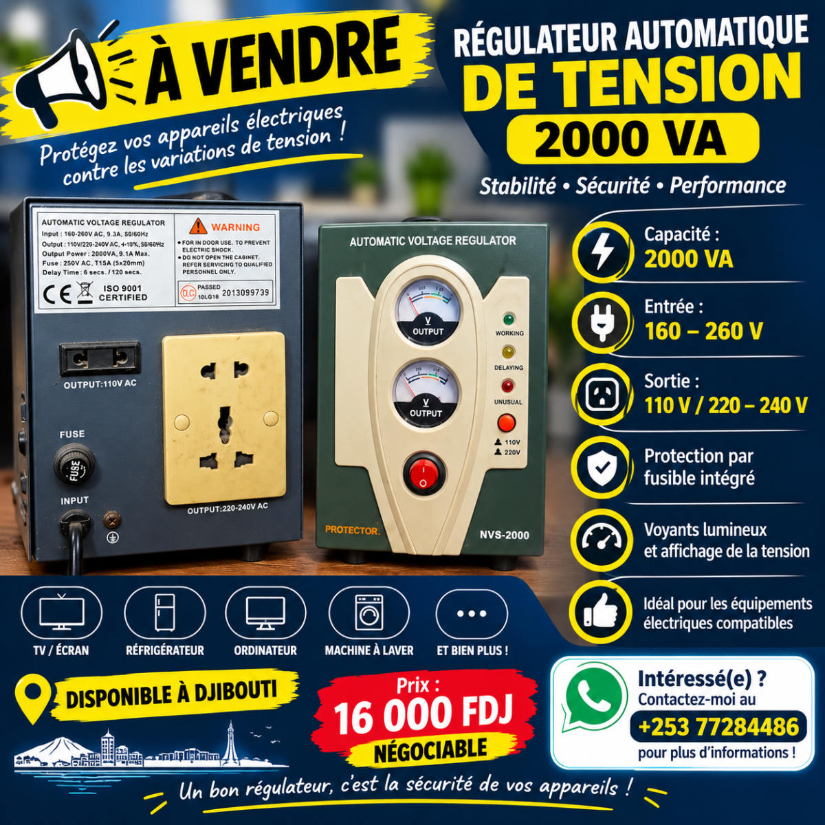 Régulateur Automatique de Tension 2000 VA avec Protection Intégrée