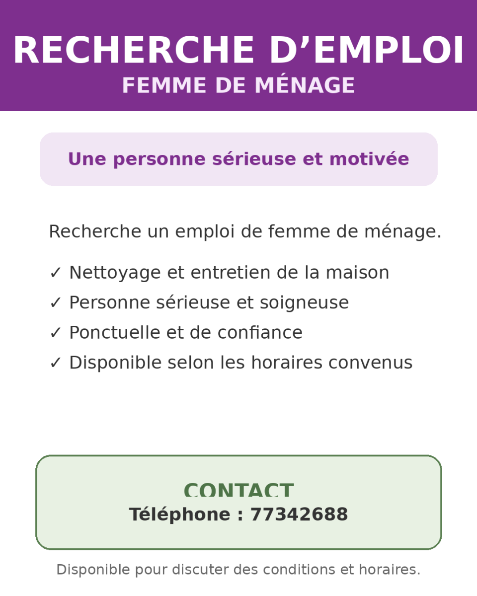 Femme de ménage expérimentée sérieuse et fiable disponible