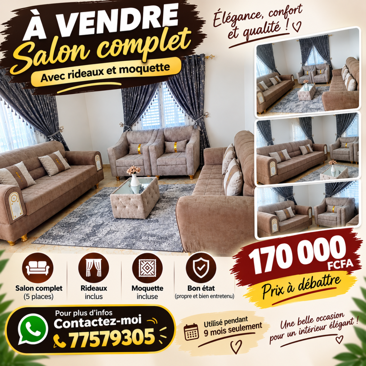 Salon complet avec rideaux et moquette en bon état