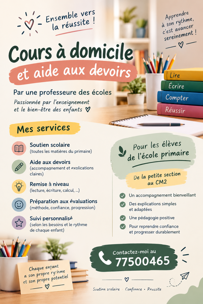 Soutien scolaire personnalisé à domicile pour élèves du primaire