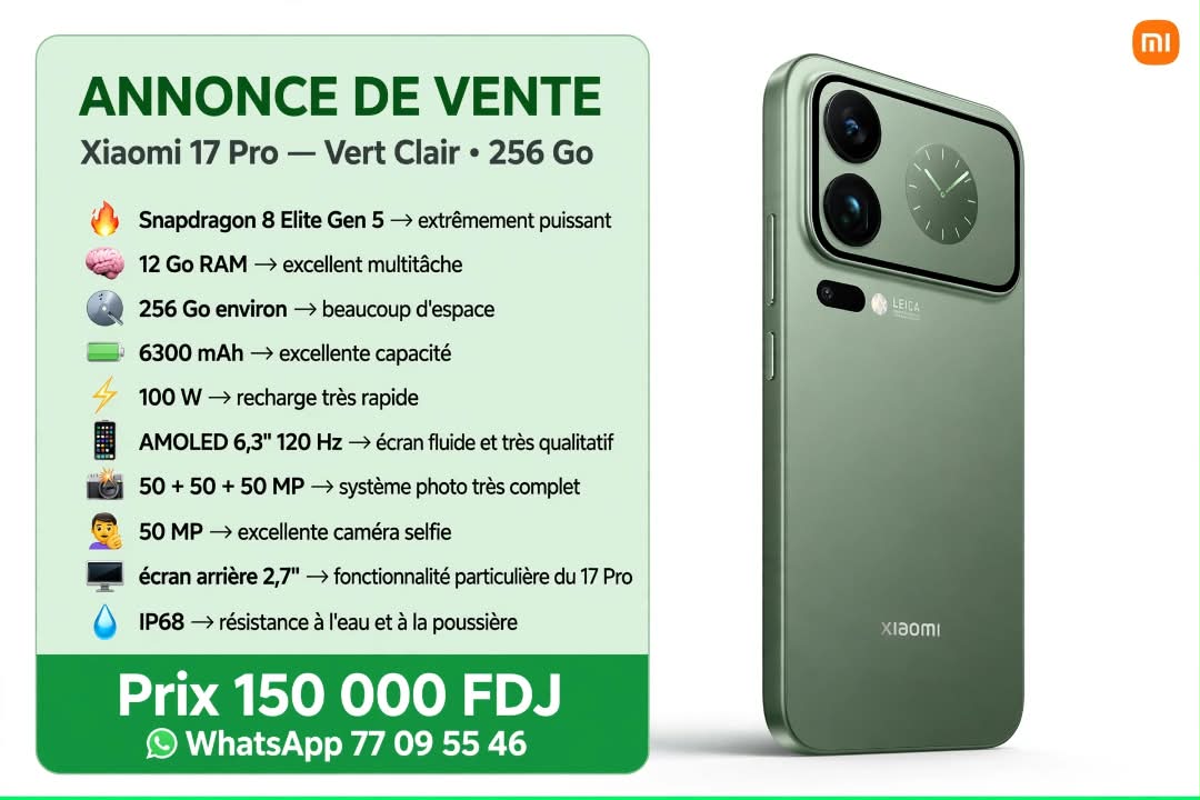 Xiaomi 17 Pro 256 Go vert clair, écran AMOLED 120 Hz